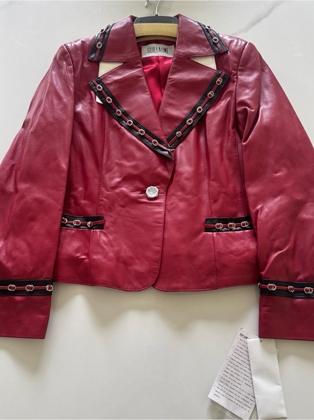 Nwt -Guillaume Red Leather Jacket With Gorgeous Trim Detail / Medium